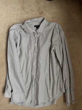J. Crew White & Black Striped Ruffle Collar Button-Down Shirt